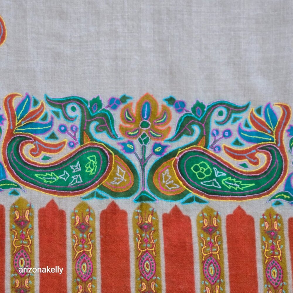 Embroidered Cashmere Scarf Boho Earthy Artisan - Picture 4 of 14